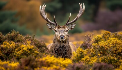 Naklejka premium Majestic Red Deer Stag with Large Antlers amongst Autumn Colors in Scottish Highlands.