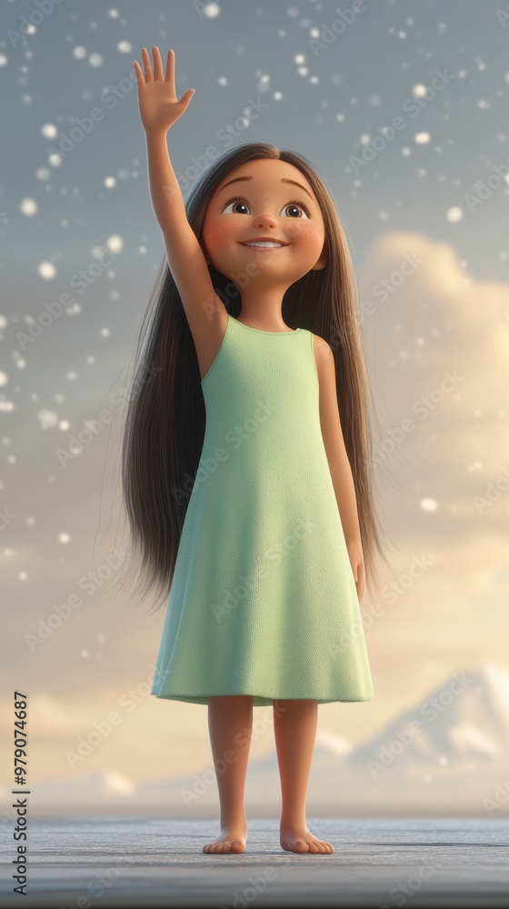 Poster A young girl in a green dress waving