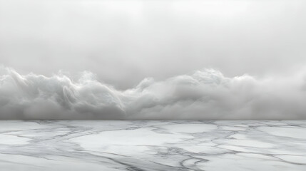 Abstract White Cloud Formations Over a Marble Surface, 3D Rendered, Minimalist, Modern, Background Design