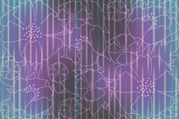 Sketch style Floral background with trend Ribbed Glass effect. Summer flowers background. Textured vector aesthetic can used wall decor wallpaper web banner decoration. 