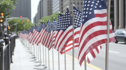 Row of American Flags on a City Street