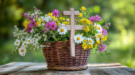 Christian cross and meadow flowers in wicker basket on table, natural background. Herbal consecration - traditional customs of August 15, day of the Assumption of Mary, generative ai