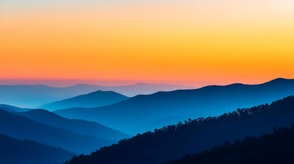 Obraz premium Silhouetted Mountain Ranges Against a Vibrant Sunset Sky, Creating a Striking and Serene Landscape Scene with Layers of Blue Hues