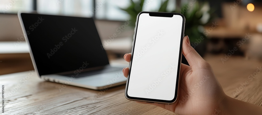 Poster the hands of a male holding a smartphone are shown in a mock-up. there is space for text and design 