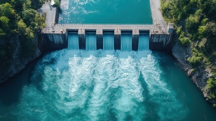 Aerial view of water discharge at hydroelectric power plant