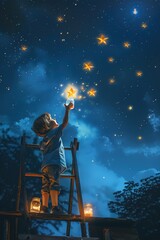 A child standing on a ladder reaching toward the stars, holding a jar as if trying to capture a glowing, falling star in the night sky.