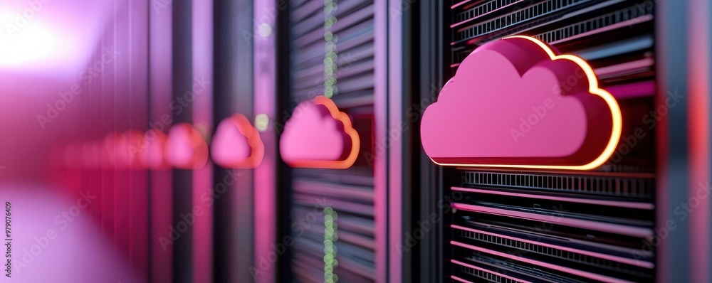 Poster modern cloud storage technology with illuminated cloud icons on server racks in a high-tech environm
