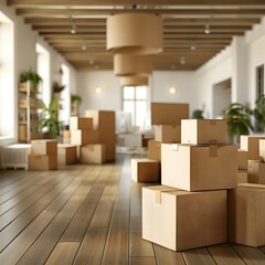 Stacks of Cardboard boxes in a room, moving boxes in new home, delivery, moving house, Shipping, Moving away, HD Banner background minimal interior 