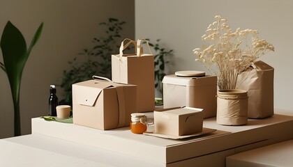 Elegant Minimalist Showcase of Eco-Friendly Products Featuring Biodegradable Packaging and Nature-Inspired Accents