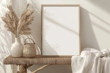 Mockup of a white frame portrait on a vintage wooden bench with a marble tray and dry Lagurus ovatus grass. Scandinavian interior with a blurred beige linen blanket and white ceramic vase.