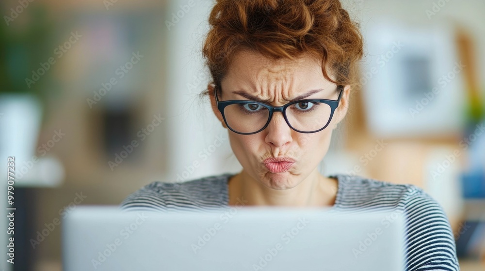 Poster frustrated woman glaring intensely at computer screen overwhelmed by unresolved technical issue in t