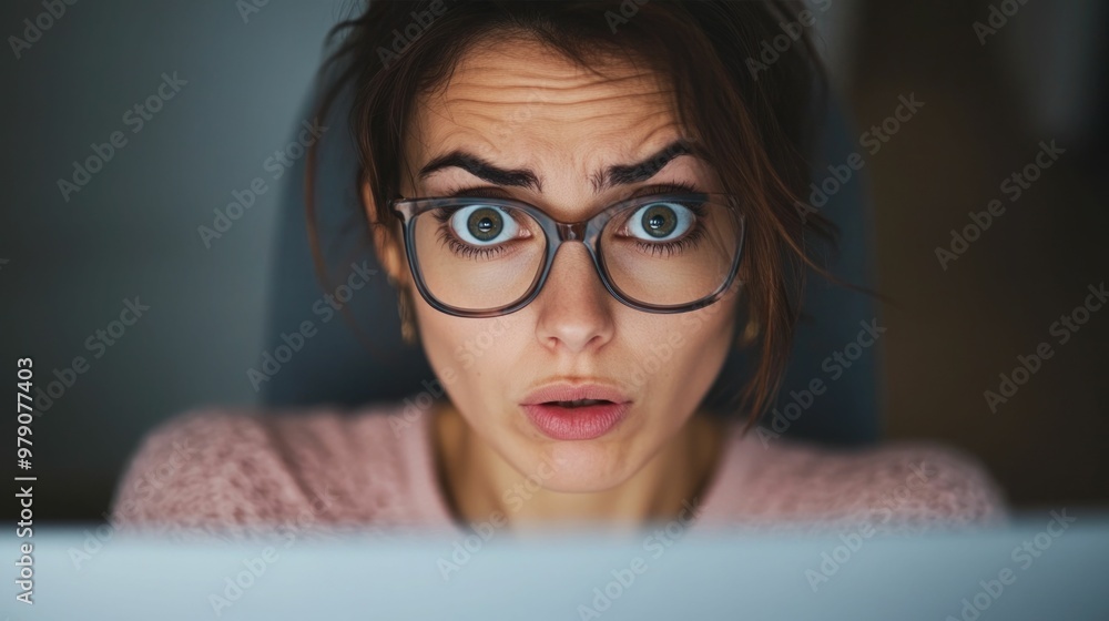 Poster frustrated and angry woman glaring intensely at computer screen due to unresolved technical issue or