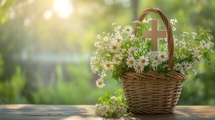 Christian cross and meadow flowers in wicker basket on table, natural background. Herbal consecration - traditional customs of August 15, day of the Assumption of Mary, generative ai