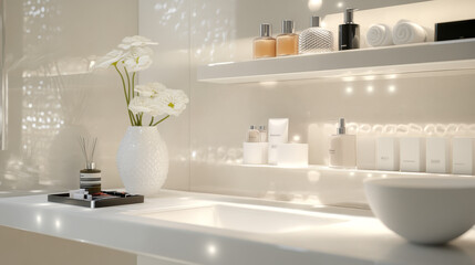 A bathroom with a shelf or countertop for showing off cosmetics or other products.
