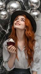A woman wearing a hat and holding a piece of cake