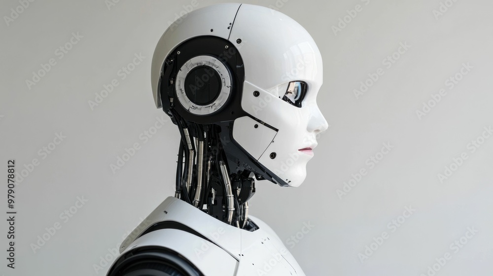 Poster close up portrait of an advanced humanoid robot with a digital face displaying a range of emotional 
