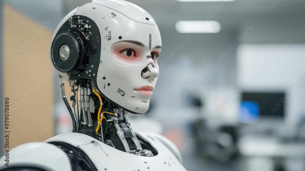 Poster close up portrait of a futuristic humanoid robot with a sleek metallic appearance and a digital face