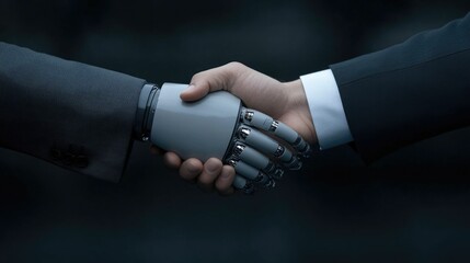 Close up of a robotic hand and a human hand shaking symbolizing the and partnership between intelligence and human technology in the future