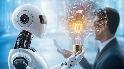 Naklejka premium Robot and Human Brainstorming with Lightbulb Idea