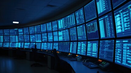 Advanced Data Analysis and Monitoring System Displayed on Large Screen in a Futuristic High Tech Control Room Environment
