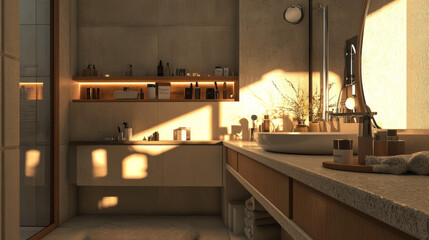A bathroom with a shelf or countertop for showing off cosmetics or other products.