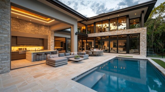 In this stunning luxury resort, travertine pavers surround a sparkling pool, a cabana with plush seating surrounds the pool, a modern outdoor kitchen with a stone grill dominates the backyard.
