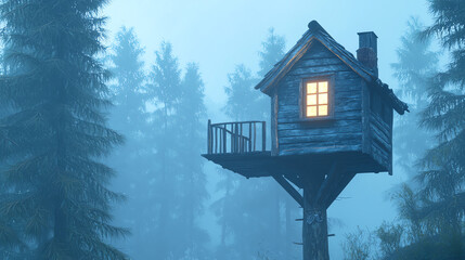 A serene treehouse surrounded by foggy forest, illuminated from within, creating a cozy and mystical atmosphere.