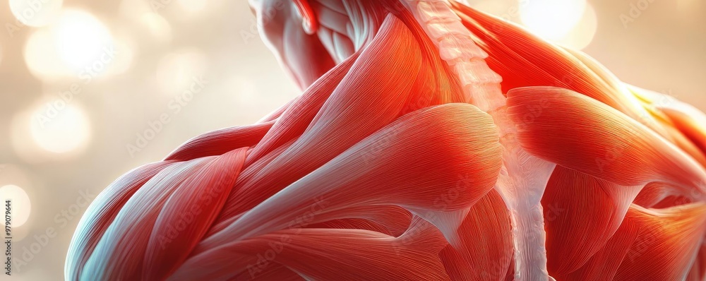 Poster detailed view of human muscle anatomy showcasing red muscle fibers and intricate textures in a soft 