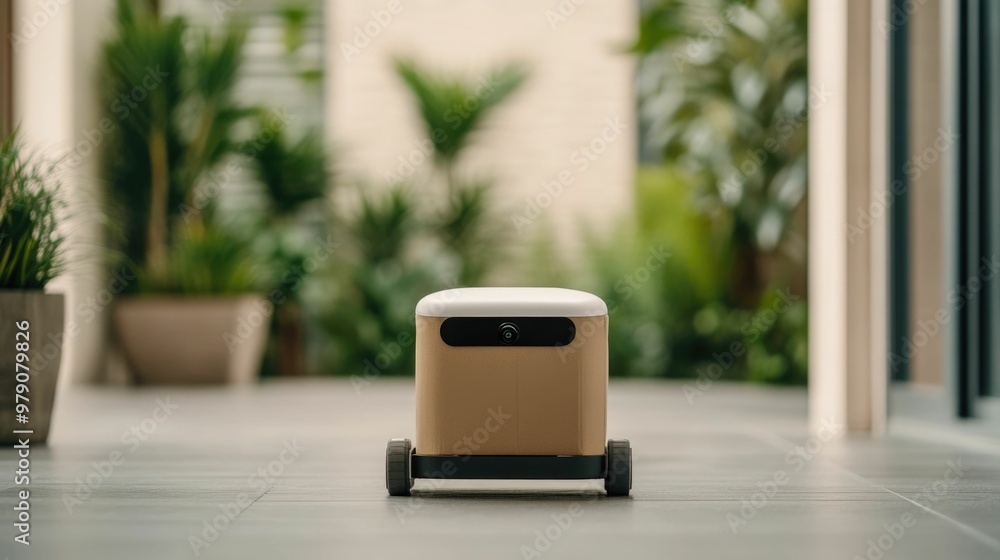 Poster autonomous robot delivering a package to a doorstep in a futuristic logistics scene showcasing the f