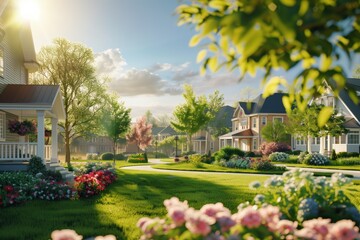 Obraz premium Modern houses surrounded by lush green spaces.