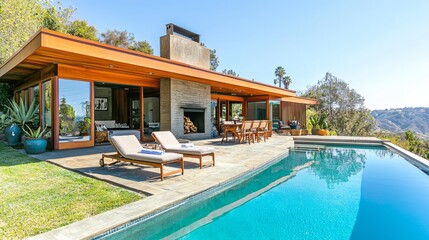 A sleek modern patio features large concrete pavers, minimalist wooden furniture arranged around a modern fire pit, soft shadows cast by the evening light, geometric shapes, and a sleek design.