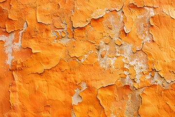 Fototapeta premium A close-up of a weathered, peeling orange paint surface on a wall.