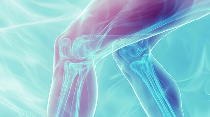 Fototapeta premium A detailed illustration of a knee joint, showcasing bone and tissue structure in an ethereal blue and purple hue.