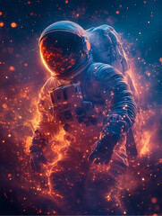 A detailed astronaut standing in space, surrounded by vibrant galaxies and stars. 