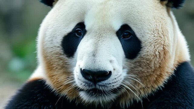 Panda eye closeup with distinctive black fur patches and white fur in vivid detail