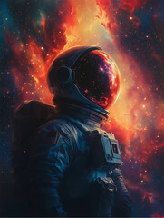 A detailed astronaut standing in space, surrounded by vibrant galaxies and stars. 