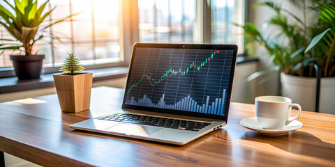 Fototapeta premium Stock market trading from home with laptop showing graph, work from home, stock exchange