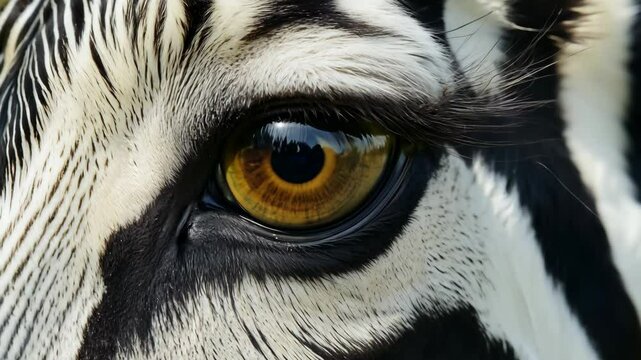 Zebra eye closeup with bold black and white stripes in detailed focus