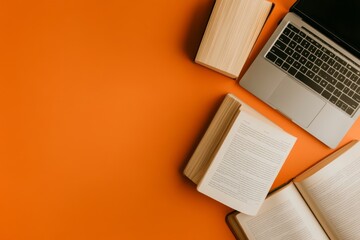 The white screen of a laptop is surrounded by orange books