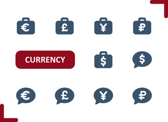 Naklejka premium Currency Icons. Dollar, Euro, Pound, Yen, Yuan, Ruble, Suitcase, Briefcase, Chat Bubble Icon