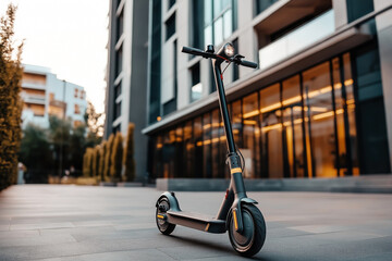 A modern electric scooter is parked on a pavement in an urban setting. The background features contemporary buildings with large glass windows and tall plants.