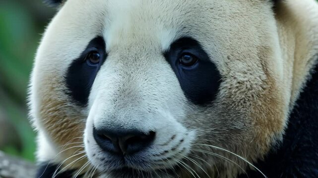 Panda eye closeup with distinctive black fur patches and white fur in vivid detail