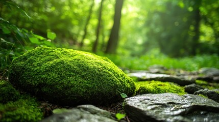 Lush Green Moss Covered Stone in Forest