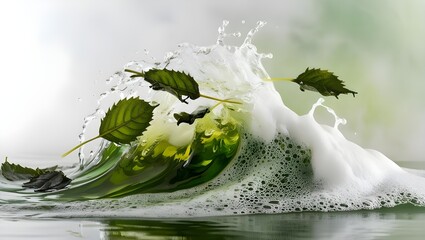 Green leaves gently falling into clear water, creating ripples and a serene natural scene.