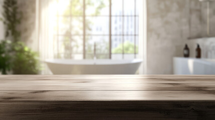 A clean, empty table ready for a product, with a blurry bathroom behind it.