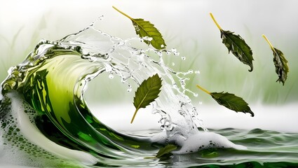 Green leaves gently falling into clear water, creating ripples and a serene natural scene.