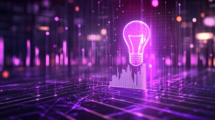 A glowing light bulb surrounded by digital data streams and graphs.