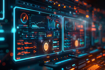 Abstract Network Monitoring Dashboard with Real-Time Data Analytics and System Health Indicators on Computer Monitor
