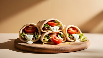 Three pita breads filled with savory meat and fresh vegetables, perfect for a delicious meal or snack.
