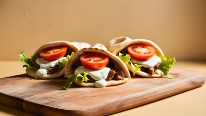 Three pita breads filled with savory meat and fresh vegetables, perfect for a delicious meal or snack.
